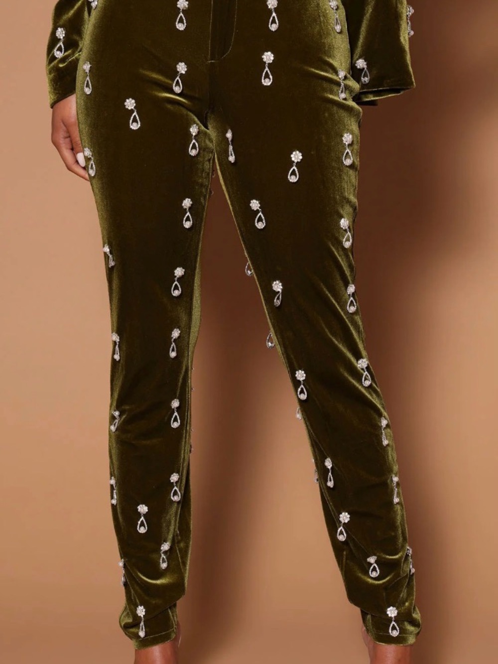 Fashion Nova Luxe Olive Green Velvet Embellished Women's Suit Pants Blazer Set - Picture 3 of 10